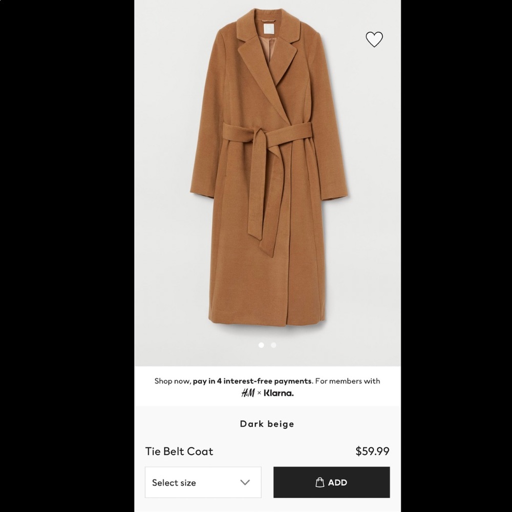 H&M Belted Coat Size Small